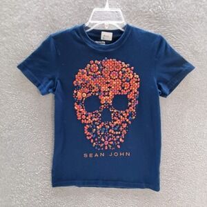 Sean‎ John Boys T-Shirt Large Navy Logo Pop Up 3D Skull Short Sleeve Crew Neck